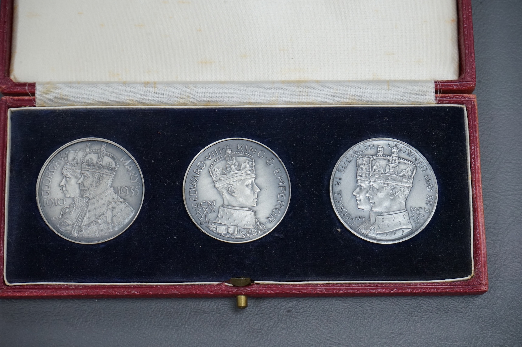 British Royal commemorative Medals, a set of three fantasy medals commemorating the silver jubilee of George V and Mary, coronation of Edward VIII and coronation of George VI and Elizabeth, cased